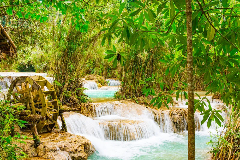 Water Wheel And Cascades, Khuang Si Waterfall - Planet Travel Advisor